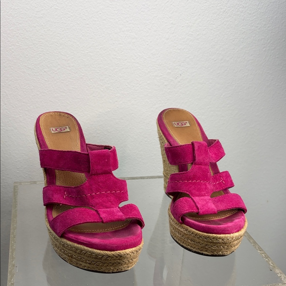 UGG Fuchsia Suede Tawnie Leather Wedge Espadrilles size 7